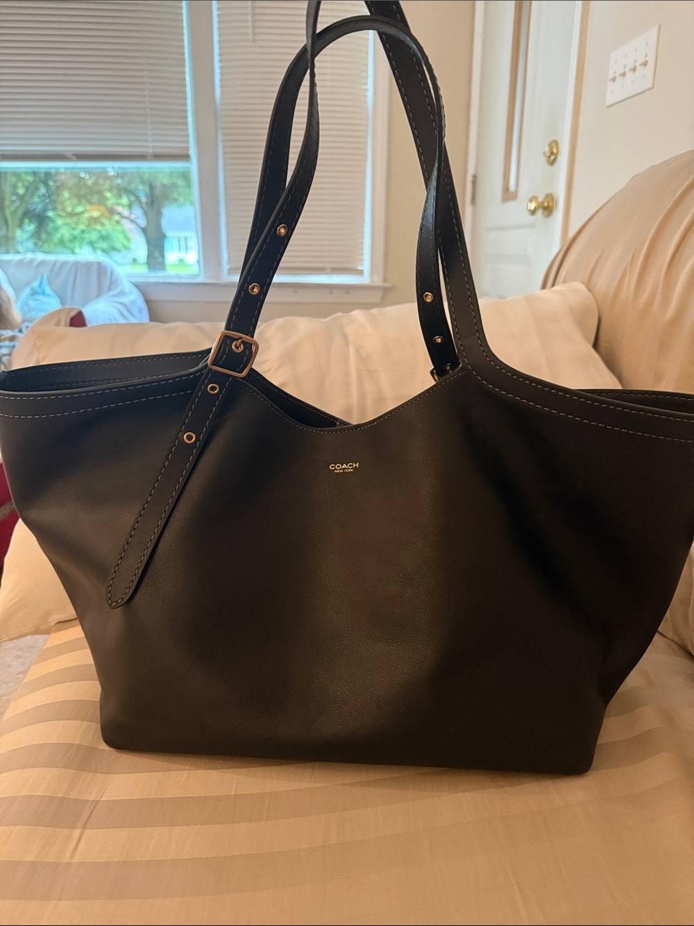 Coach Black Leather Shoulder Tote with Gold-Tone Accents